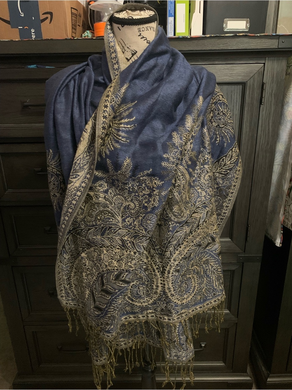 Blue Paisley Pashmina Shawl with Fringe - Unbranded